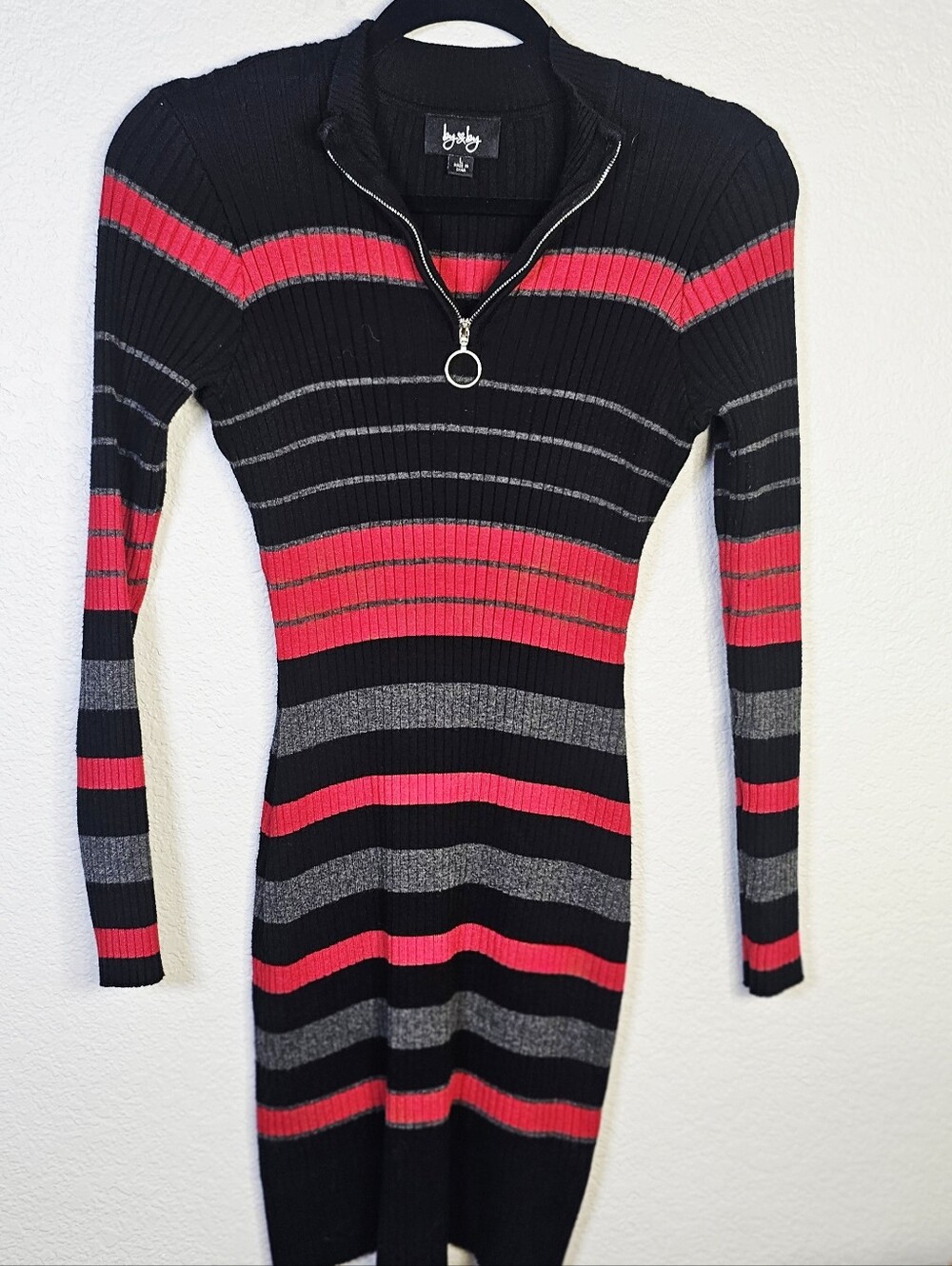 By & By Sweater Dress Large Y2k Black Red Gray Stripe Quarter Zip Bodycon Ribbed